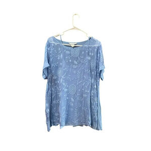 SUNDANCE Blue Embroidered Silk Short Sleeve Sheer Overlay Blouse Top Size Medium